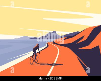 Vector illustration of a cyclist riding along the ocean mountain road Stock Vector
