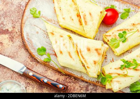 Traditional turkish shawarma with chicken,cheese and mushrooms. Stock Photo