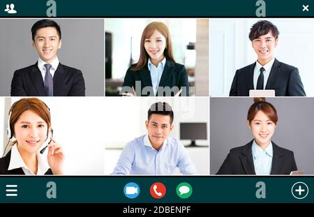 screenshot of  smiling business group online brainstorm on video conference Stock Photo