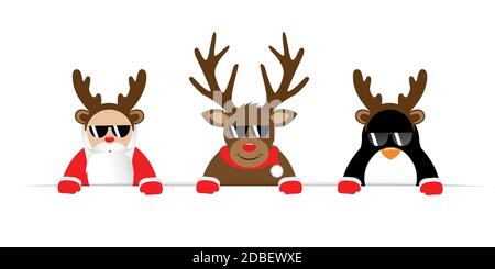 funny christmas cartoon with cute reindeer santa and penguin with sunglasses and antler vector illustration EPS10 Stock Vector