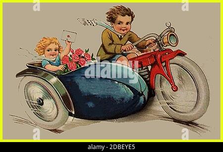 Boy & girl on a motorcycle and sidecar (from an early Polish postcard) Stock Photo