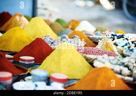 colors smells and flavors in the Fez spice market, in Morocco Stock Photo