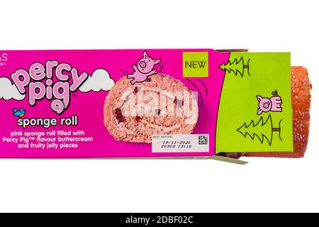 M&S Percy Pig sponge roll cake in box set on white background - pink sponge roll filled with Percy Pig flavour buttercream and fluffy jelly pieces Stock Photo