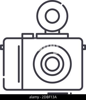 Compact camera with flash icon, linear isolated illustration, thin line vector, web design sign, outline concept symbol with editable stroke on white Stock Vector