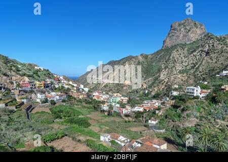 Vallehermoso with mountain Roque El Cano on the island of La Gomera Stock Photo