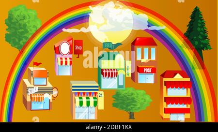 Flat design of retro and modern city houses. Old buildings, skyscrapers. colorful cottage building, cafe house. Stock Vector
