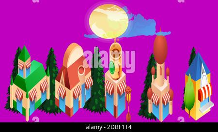 Flat design of retro and modern city houses. Old buildings, skyscrapers. colorful cottage building, cafe house. Stock Vector