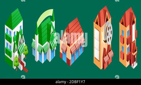 Flat design of retro and modern city houses. Old buildings, skyscrapers. colorful cottage building, cafe house. Stock Vector