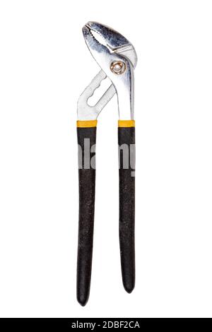 Pliers isolated. Close-up of an closed metal adjustable waterpump pliers with black yellow handles isolated on a white background. Macro photograph. Stock Photo