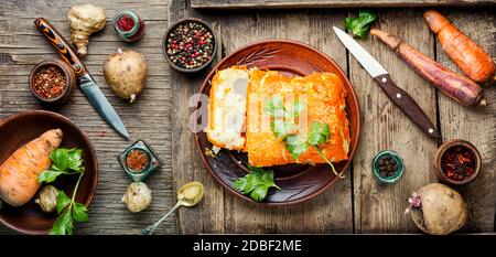 Homemade terrine with Jerusalem artichoke,carrots and potatoes Stock Photo