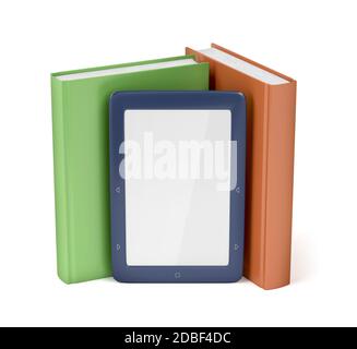 Blue e-reader and two books on white background Stock Photo
