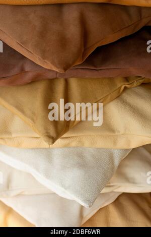 Brown decorative pillows made from real leather Stock Photo