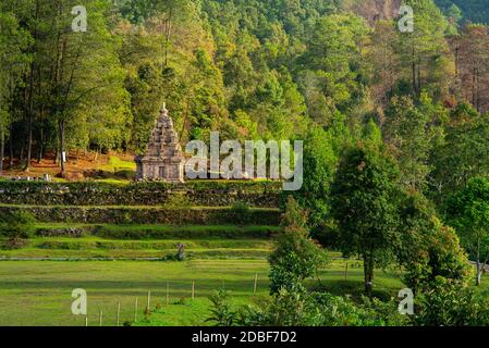 Candi Gedong Songo temple at sunrise, a 9th-century Buddhist temple complex on a volcano near Semarang, Central Java, Indonesia Stock Photo
