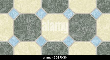 Beige Bogie Green Blue Seamless Classic Floor Tile Texture. Simple Kitchen, Toilet or Bathroom Mosaic Tiles Background. 3D rendering. 3D illustration. Stock Photo