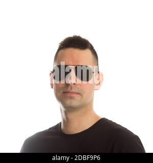 Headshot of a young man wearing aviator sunglasses, isolated on white