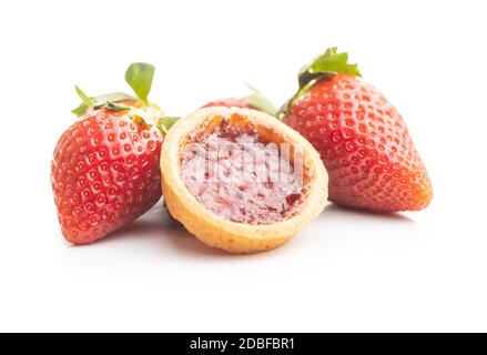Sweet biscuits with strawberries jam and strawberries isolated on white background. Stock Photo