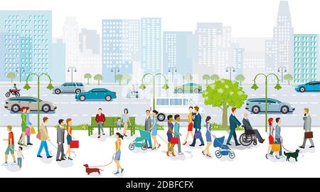 Big city with public transport, pedestrians and road traffic, illustration Stock Photo