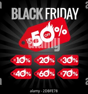 Black Friday discount label hot sale, up to 50% off. Special offer red labels for Black Friday design banner with black beams. Autumn discount poster Stock Vector