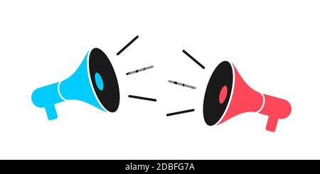 Two megaphones, speakers, loud speakers and loudspeaker are competing against each other - clash, conflict, battle, fight and duel. Vector illustratio Stock Photo