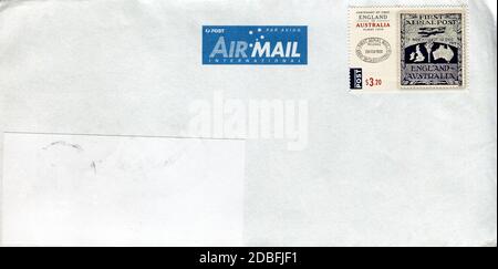 GOMEL, BELARUS - AUGUST 12, 2020: Old envelope which was dispatched from Australia to Gomel, Belarus, August 12, 2020. Stock Photo
