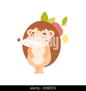 Cute hedgehog with apple and mushroom on a white background. Stock Vector