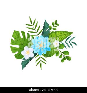 Bouquet of tropical leaves and flowers on a white background. Stock Vector