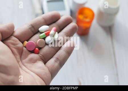 hand holding pills with copy space  Stock Photo