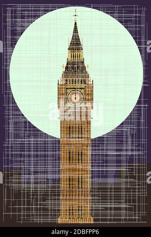 A grunge version of thehe London landmark Big Ben Clocktower at miidnight by a full moon. Stock Photo