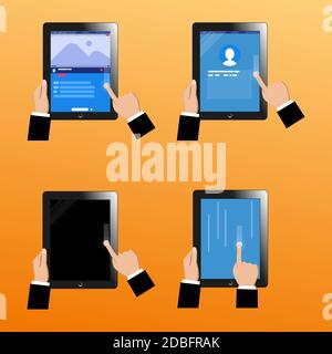Social Network design. Touch screen ,touch- tablet in hands. Scroll. Holding phone in hands and receiving phone call EPS 10 Stock Vector