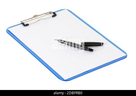 A blue clipboard isolated on white with fountain pen Stock Photo