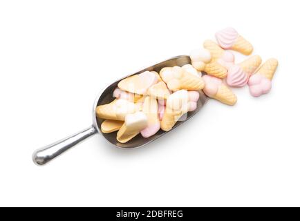 Jelly candy shape ice cream. Gummy bonbons in scoop isolated on white background. Stock Photo