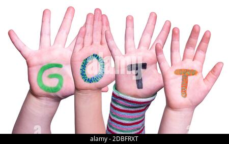 Children Hands Building Colorful German Word Gott Means God. White Isolated Background Stock Photo