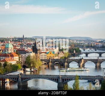 Travel Prague concept background - elevated view of bridges over Vltava river from Letna Park. Prague, Czech Republic Stock Photo