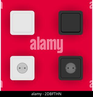 Set of vector sockets and switches of light with shadow on red background Stock Vector