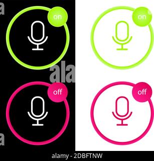 Microphone four color glass button ui ux icon. Glossy app icon logo vector. Set of vector icons on and off microphone. EPS 10 Stock Vector