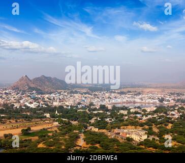 Holy city Pushkar aerial view from Savitri temple. Rajasthan, India Stock Photo