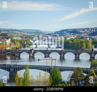 Travel Prague concept background - elevated view of bridges over Vltava river from Letna  Park. Prague, Czech Republic Stock Photo