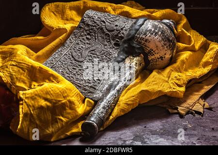 Dung-Dkar (trumpet made of conch shell) - religious music instrument in Tibetan Buddhism. Spituk Gompa (Tibetan Buddhist monastery). Ladakh, India Stock Photo