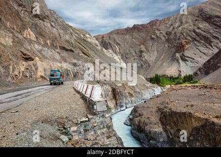 Indian lorry truck on NH-1 (Srinagar Leh national highway) in Himalayas. Ladakh, India Stock Photo