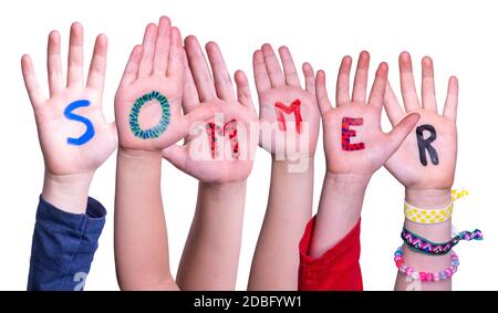 Children Hands Building Colorful German Word Sommer Means Summer. White Isolated Background Stock Photo