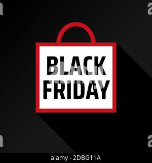 Minimalistic advertising concept with black friday shopping bag. White bag with red frame, shadow. Special offer sale template. Concept poster, card. Stock Vector