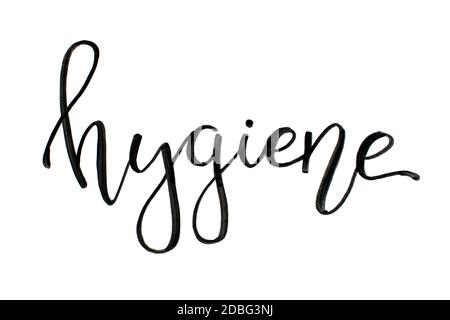 Black handwritten inscription HYGIENE on a white  background Stock Photo