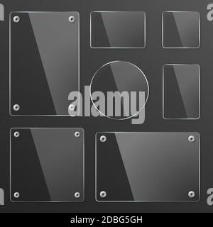 Transparent Glass plates set. Square shape, rectangle and round circle. See through mock up with mounts. Plastic banners with reflection and shadow. P Stock Vector