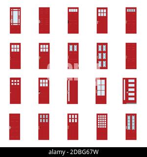 Front doors to houses and buildings set in flat design style isolated, vector illustration. Stock Vector