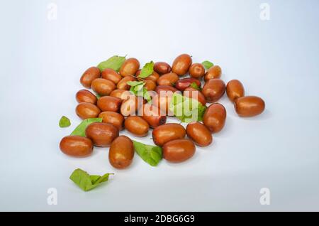 Ziziphus jujuba, commonly called jujube, sometimes jujuba, red date, Chinese date. isolated on white with working path Stock Photo