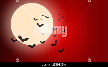Halloween dark red night sky. Bats fly to the bright moon. Festive gloomy terrible atmosphere. Vector. Colored. Halloween background. EPS 10 Stock Vector