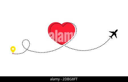 Love travel route icon. Heart airplane travel route line for romantic journey concept. Dashed love heart flight. Vector on isolated white background Stock Vector