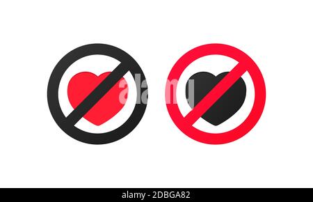 No love sign. Vector illustration of red crossed out circular prohibited sign with heart icon inside. Lack of love pictogram. Vector on isolated white Stock Vector