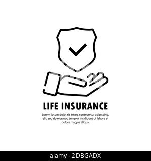 Life insurance policy services conceptual design. Hands holding insurance shield with check mark. Vector on isolated white background. EPS 10 Stock Vector