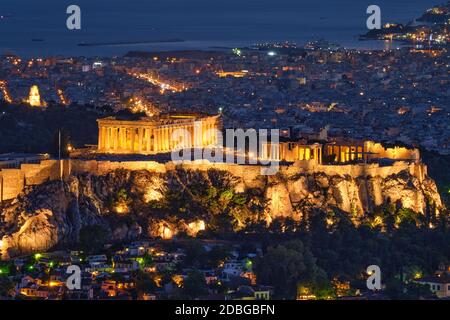 Famous greek tourist landmark - the iconic Athens view and Parthenon Temple at the Acropolis of Athens as seen from Mount Lycabettus, Athens, Greece Stock Photo